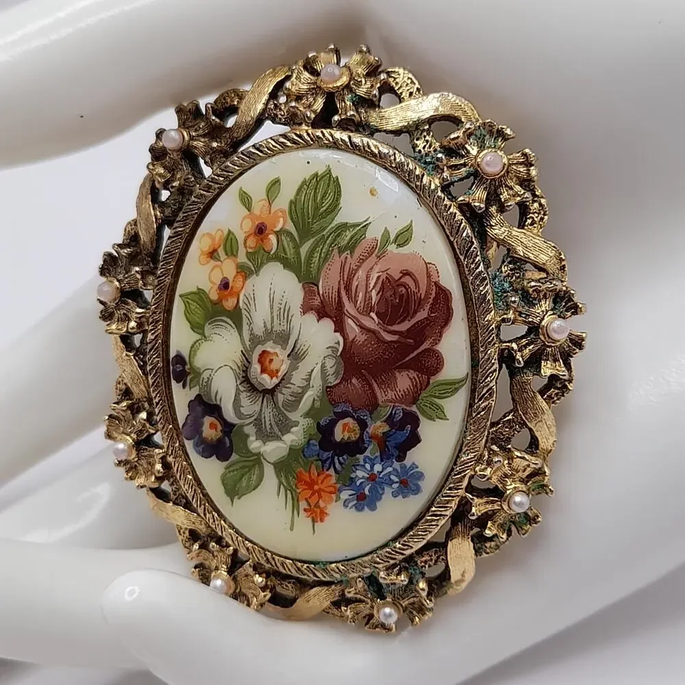 Vintage Porcelain Floral Brooch Pendant Combo, Faux Pearls, 2 1/4 Inches